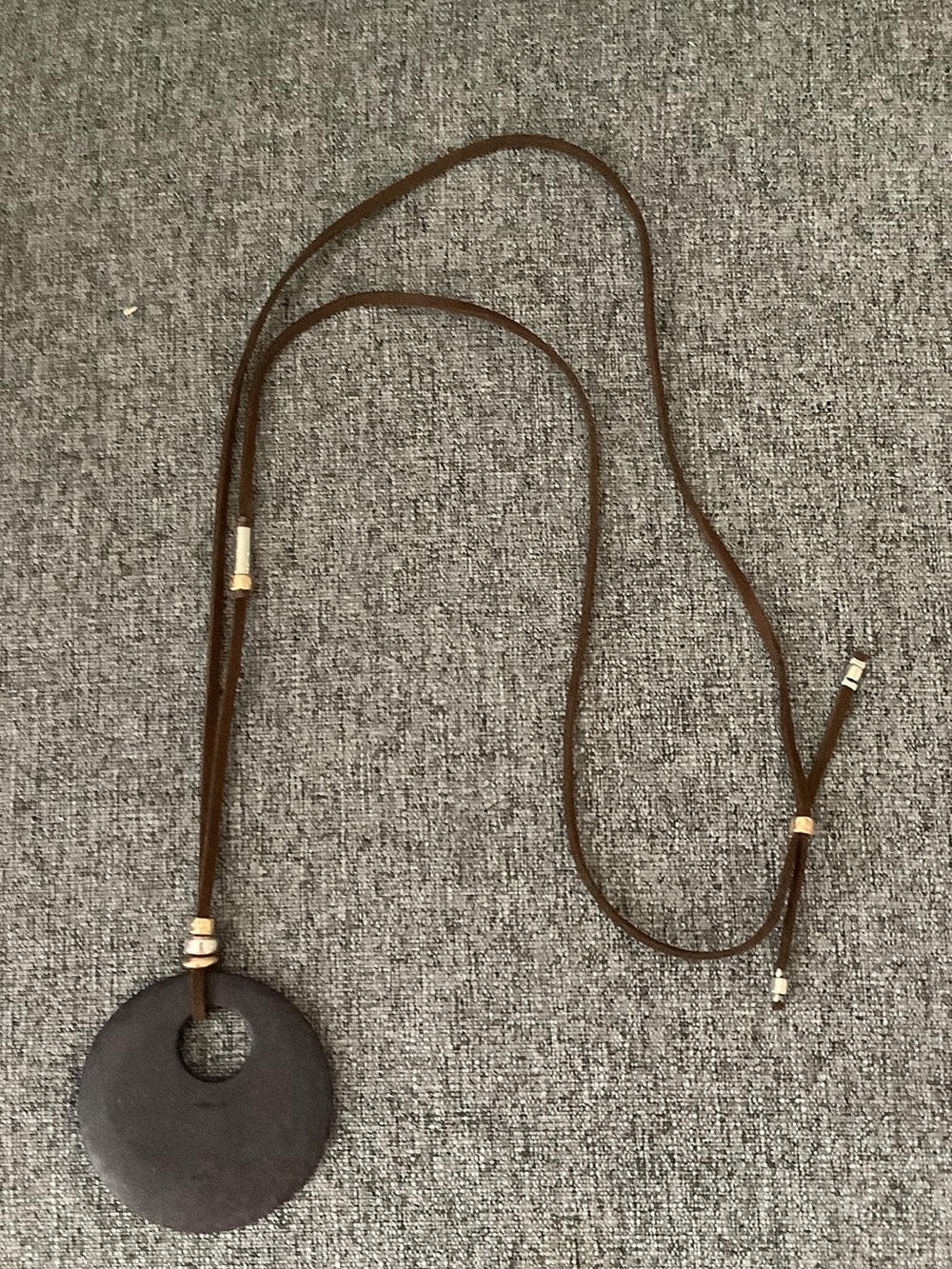 J. Jill Brown Leather Cord Necklace with Dark Purple Disc Pendant